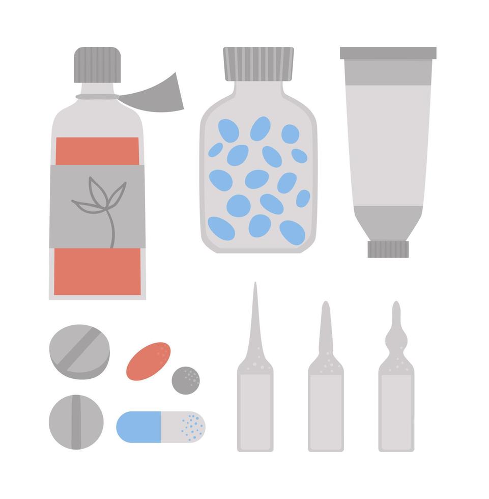 conjunto de iconos médicos planos vectoriales. colección de medicinas y pastillas aisladas en fondo blanco. imágenes prediseñadas de tratamiento médico vector