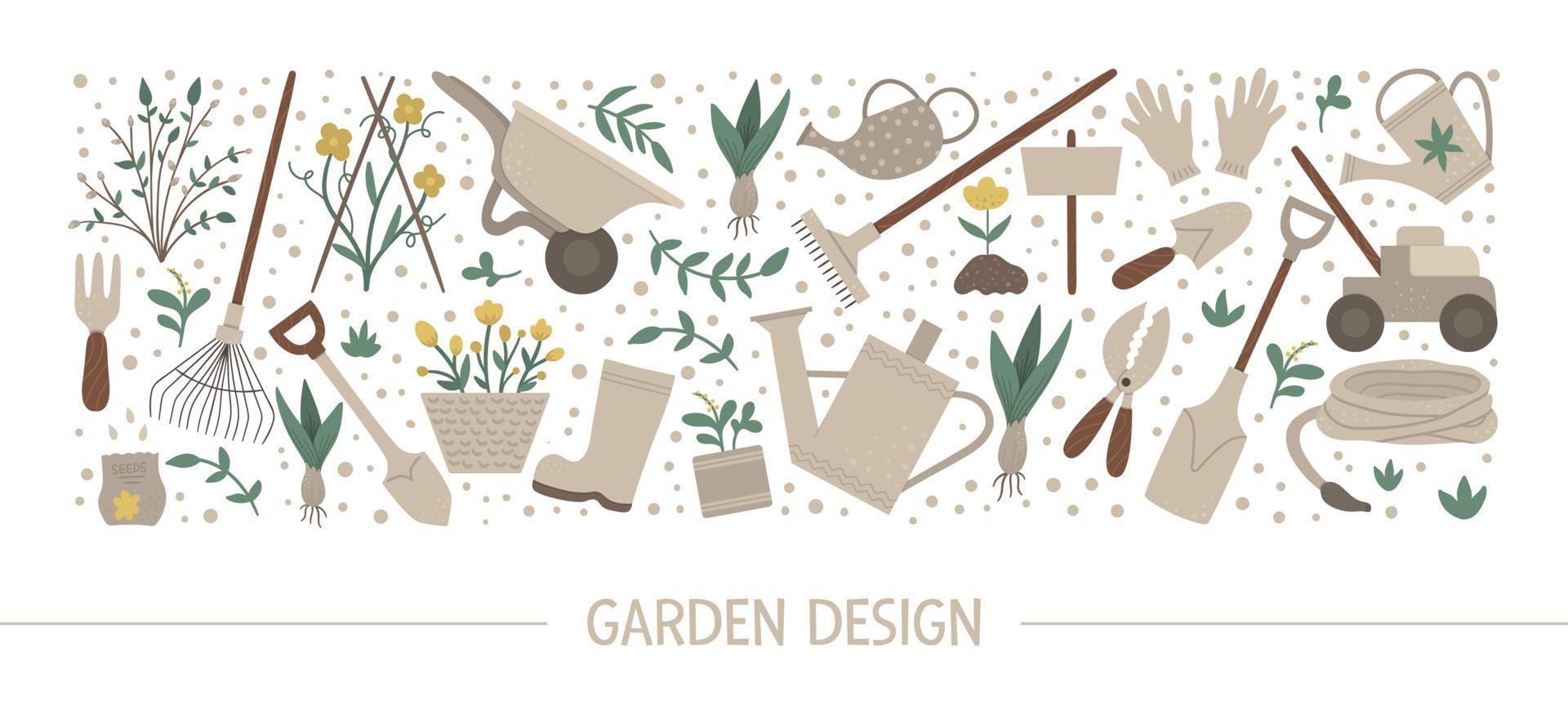 diseño horizontal vectorial con herramientas de jardín, flores, hierbas, plantas. banner de equipo de jardinería, invitación de fiesta o fondo. Linda plantilla de tarjeta de primavera divertida. vector