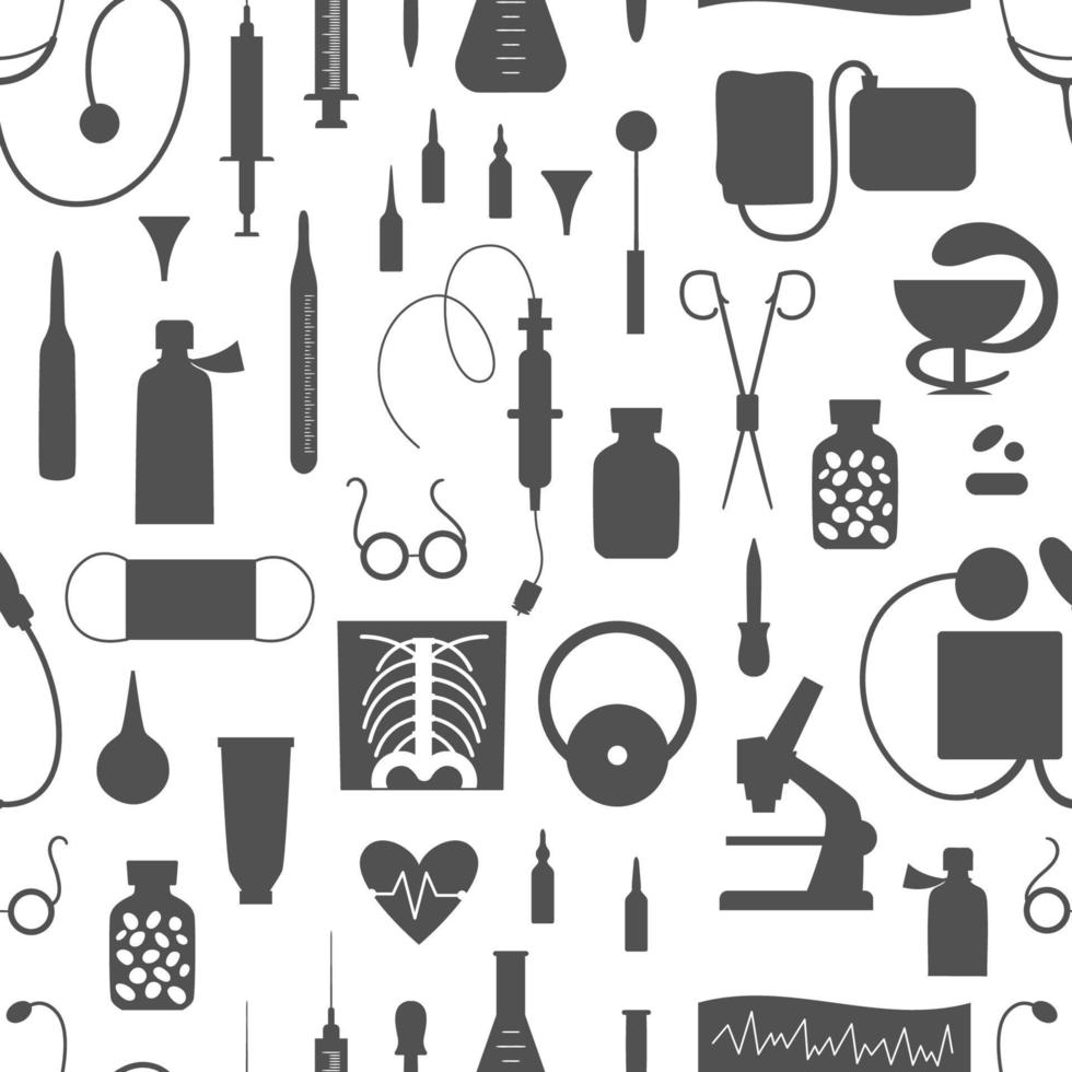 Vector seamless pattern with flat medical silhouette icons. Medicine or health insurance, research background. Healthcare and laboratory equipment digital paper. Health check or treatment texture