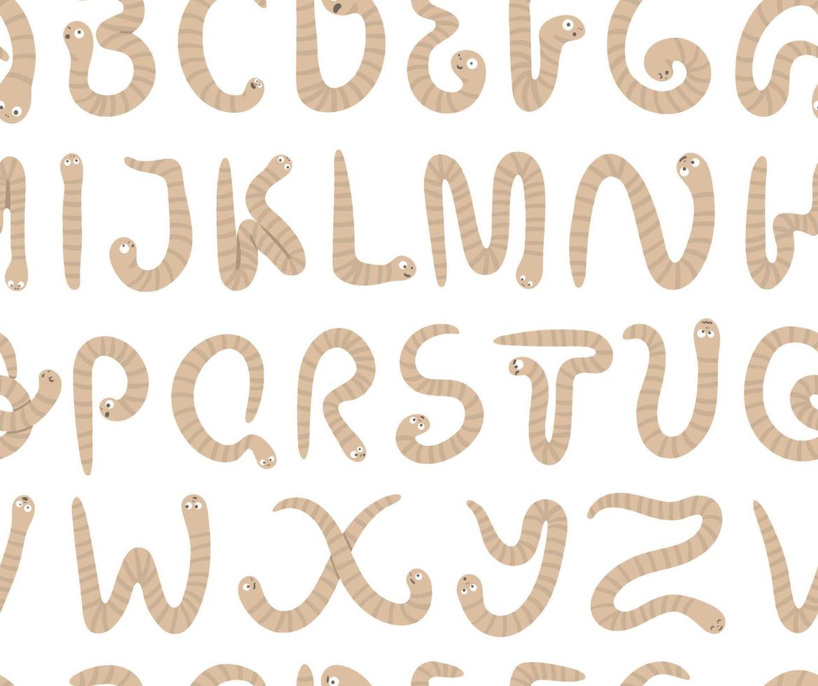 Spring garden themed alphabet seamless pattern for children with worms. Cute flat ABC repeating background with insects. Funny texture for teaching reading on white background. vector