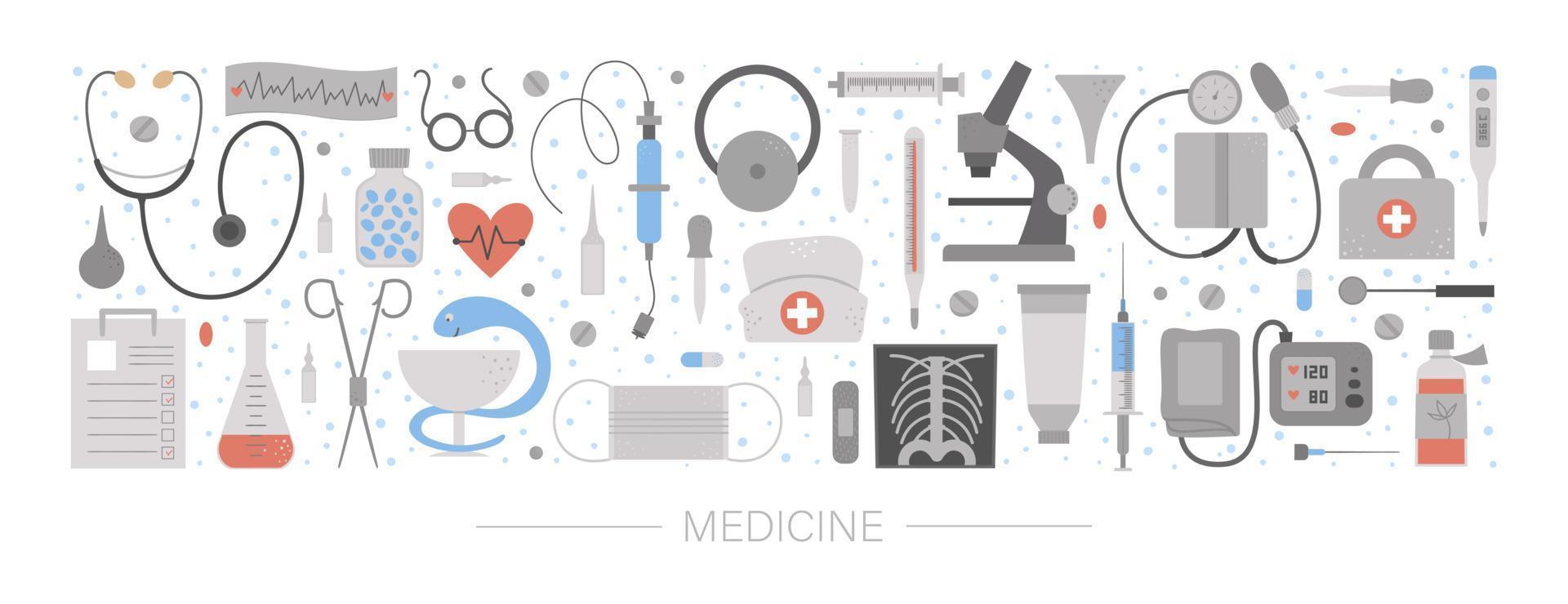 diseño horizontal vectorial con equipo médico y herramientas. diseño de banner de elementos de medicina. linda y divertida plantilla de tarjeta de atención médica, cheque o investigación. vector