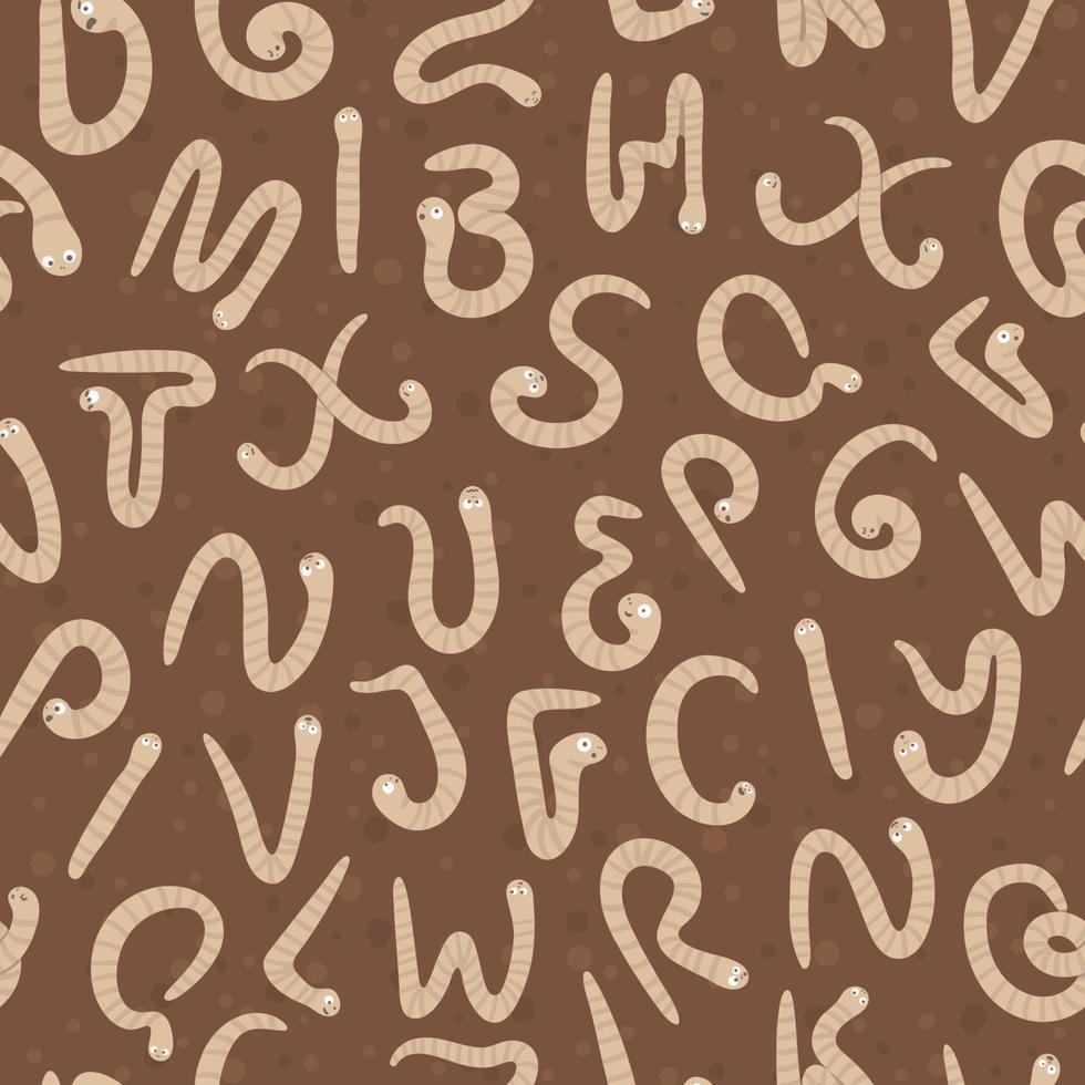 Spring garden themed alphabet seamless pattern for children with worms. Cute flat ABC repeating background with insects. Funny texture for teaching reading on brown background. vector