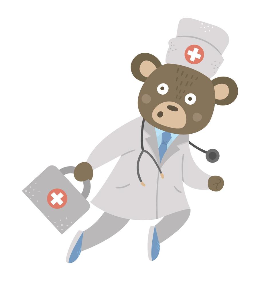 médico de oso vectorial corriendo con estetoscopio y botiquín de primeros auxilios. lindo personaje animal divertido. foto de medicina para niños. icono de salud aislado sobre fondo blanco vector