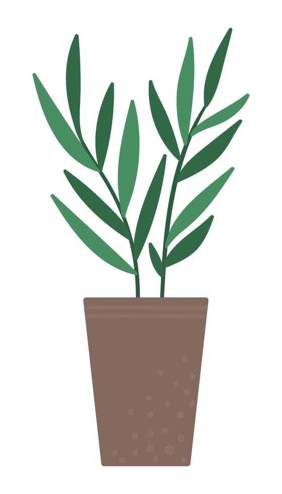 Vector illustration of plant in pot with green leaves. Flat trendy hand drawn houseplant for home gardening design. Beautiful spring and summer herb or flower