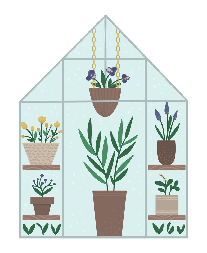 Vector greenhouse with plants in pots and flowers. Flat hot house illustration isolated on white background. Front view greenroom picture. Spring garden illustration.