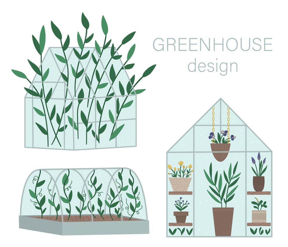 Vector set of greenhouses with plants in pots and flowers. Flat hot house illustration isolated on white background. Front and side view greenroom picture. Spring garden illustration.