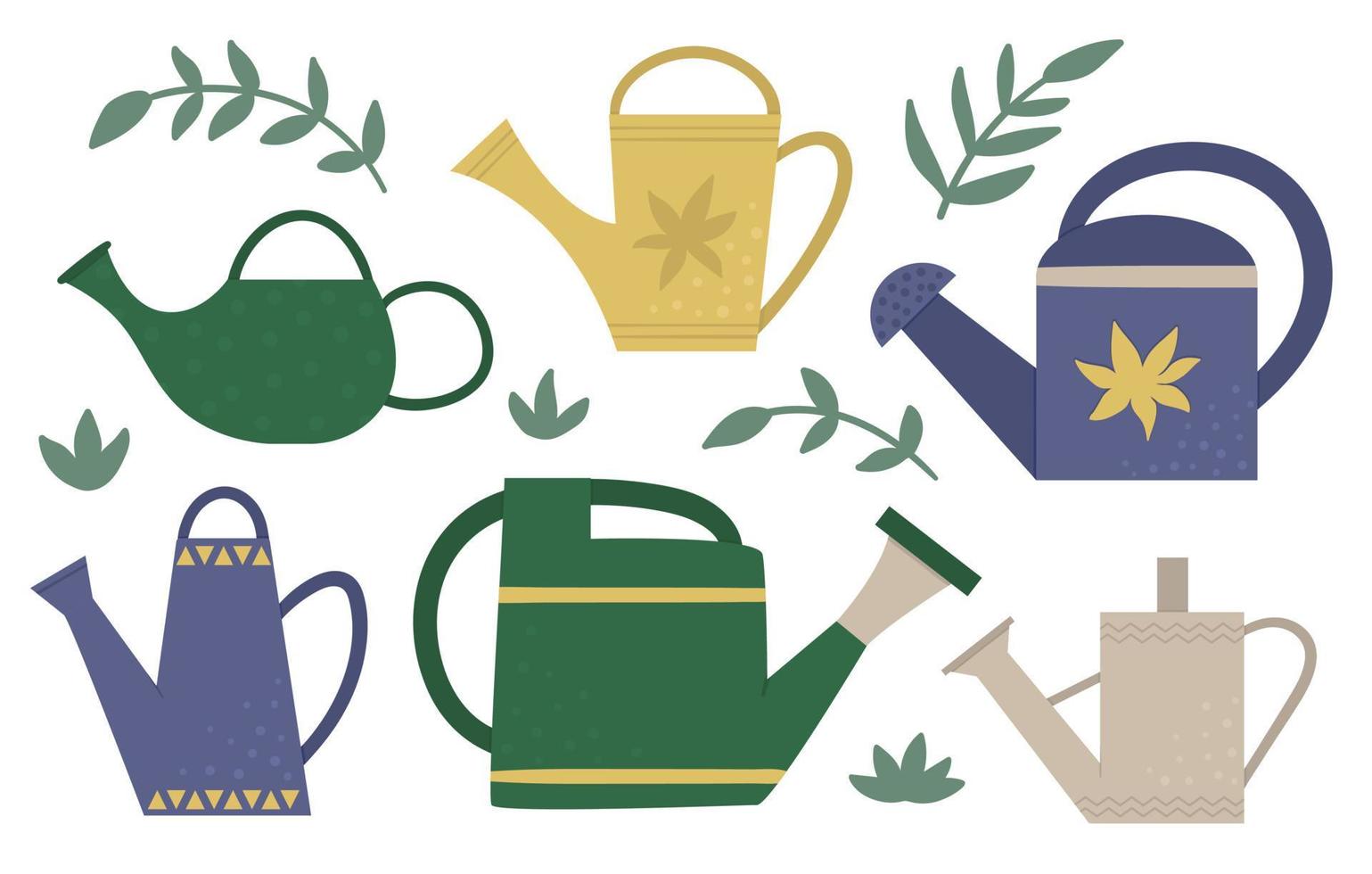 Vector set of flat trendy watering cans. Garden equipment collection isolated on white background. Beautiful spring or summer home gardening illustration