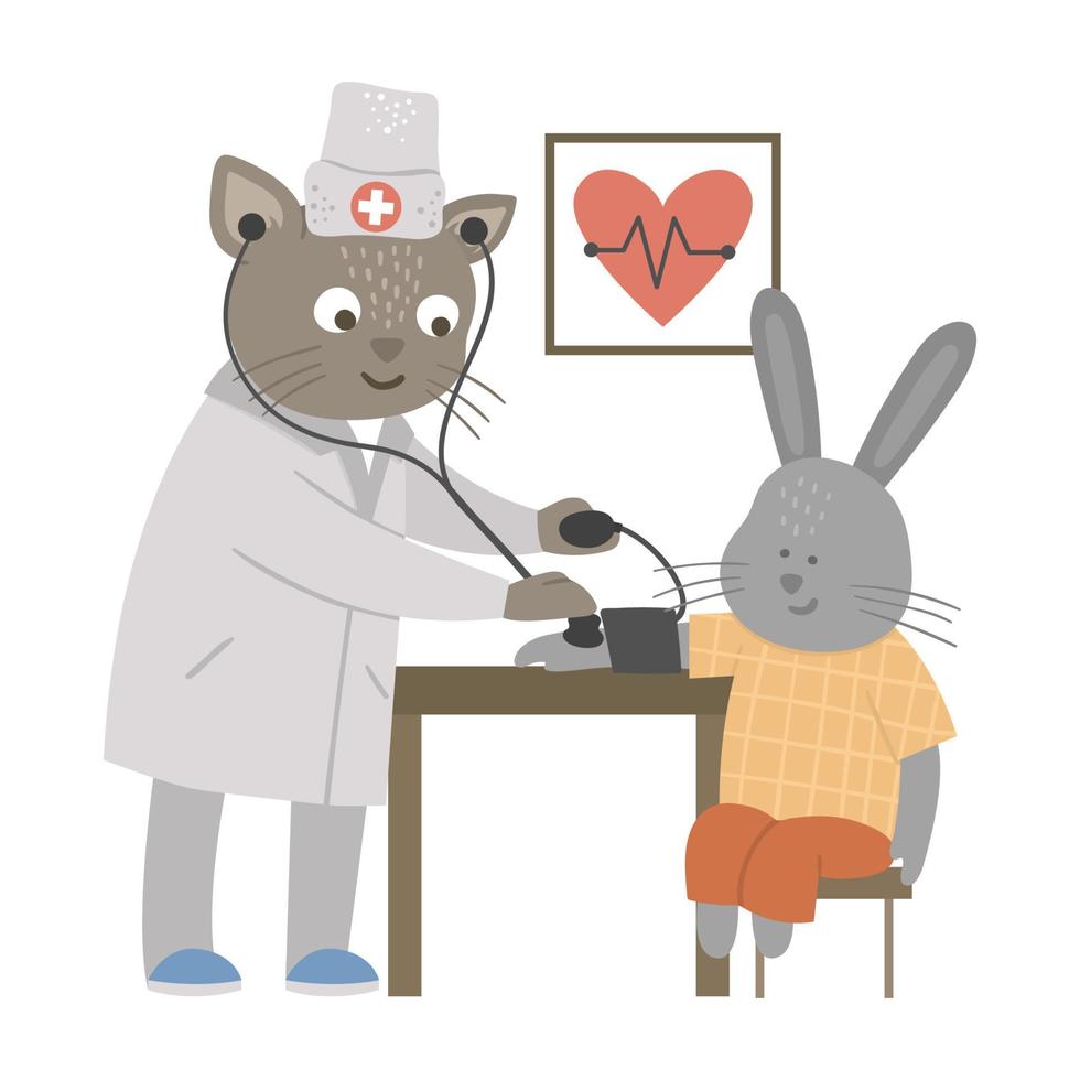 Vector animal doctor treating patient. Cat taking rabbits blood pressure. Cute funny characters. Medicine picture for children. Hospital scenes isolated on white background