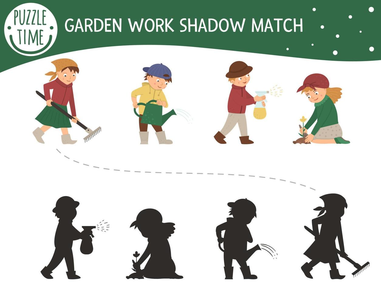 Shadow matching activity with children in the garden. Preschool puzzle with cute characters. Cute spring activities educational riddle. Find the correct silhouette game. vector