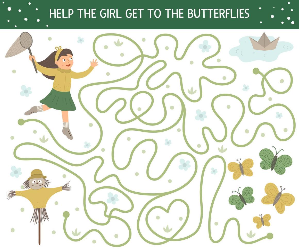 Spring maze for children. Preschool garden activity. Funny puzzle game with cute girl with a net, insects, scarecrow, paper ship. Help the girl get to the butterflies. vector