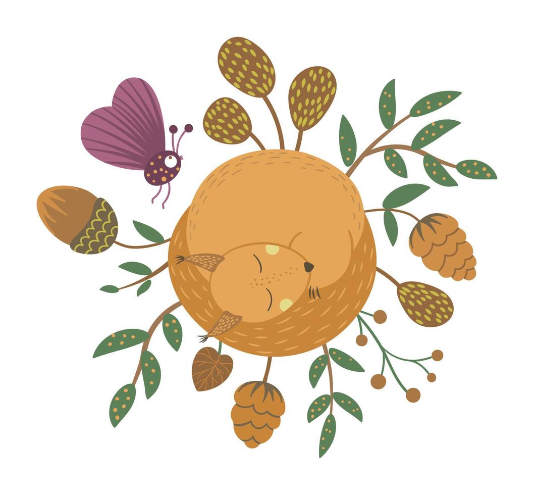 ardilla dormida plana dibujada a mano vectorial con bellota, cono, insecto, hojas. divertida escena de otoño con animales del bosque. linda ilustración animal del bosque para diseño infantil, impresión, papelería vector