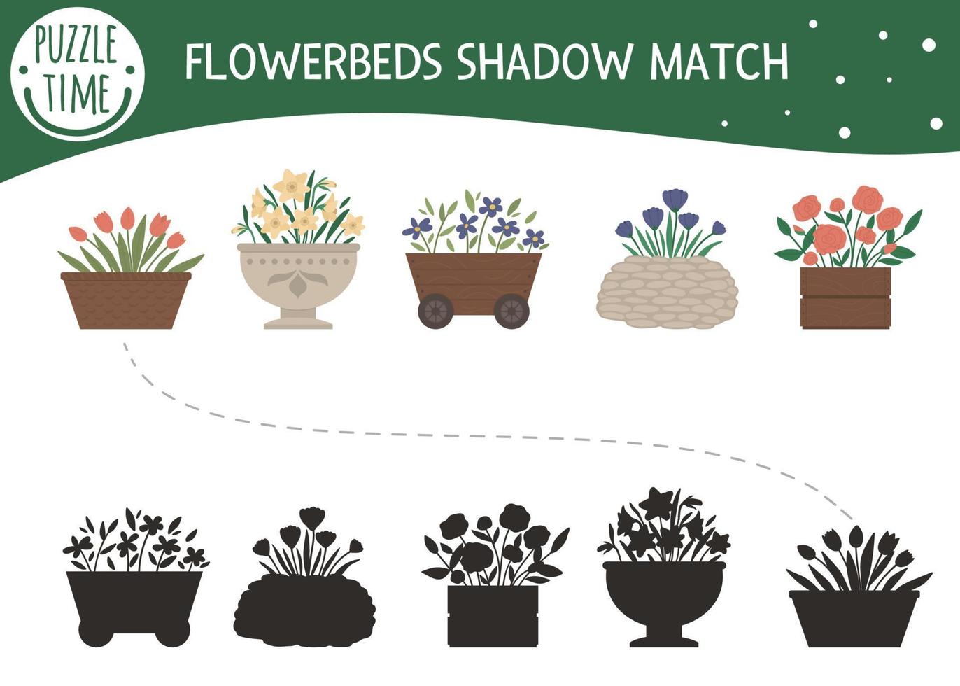 Shadow matching activity for children with garden flowers in flower beds. Preschool puzzle with plants. Cute spring floral educational riddle. Find the correct silhouette game. vector