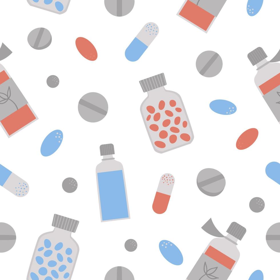 patrón vectorial sin costuras con iconos médicos planos. antecedentes de medicina o farmacia. papel digital con pastillas y mezcla. textura de cuidado de la salud vector