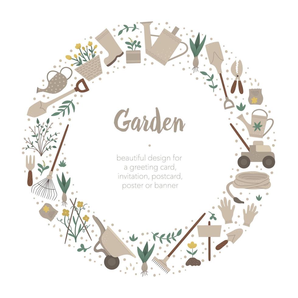 Vector round frame with garden tools, flowers, herbs, plants. Gardening equipment banner or party invitation framed in circle. Cute funny spring wreath card template.