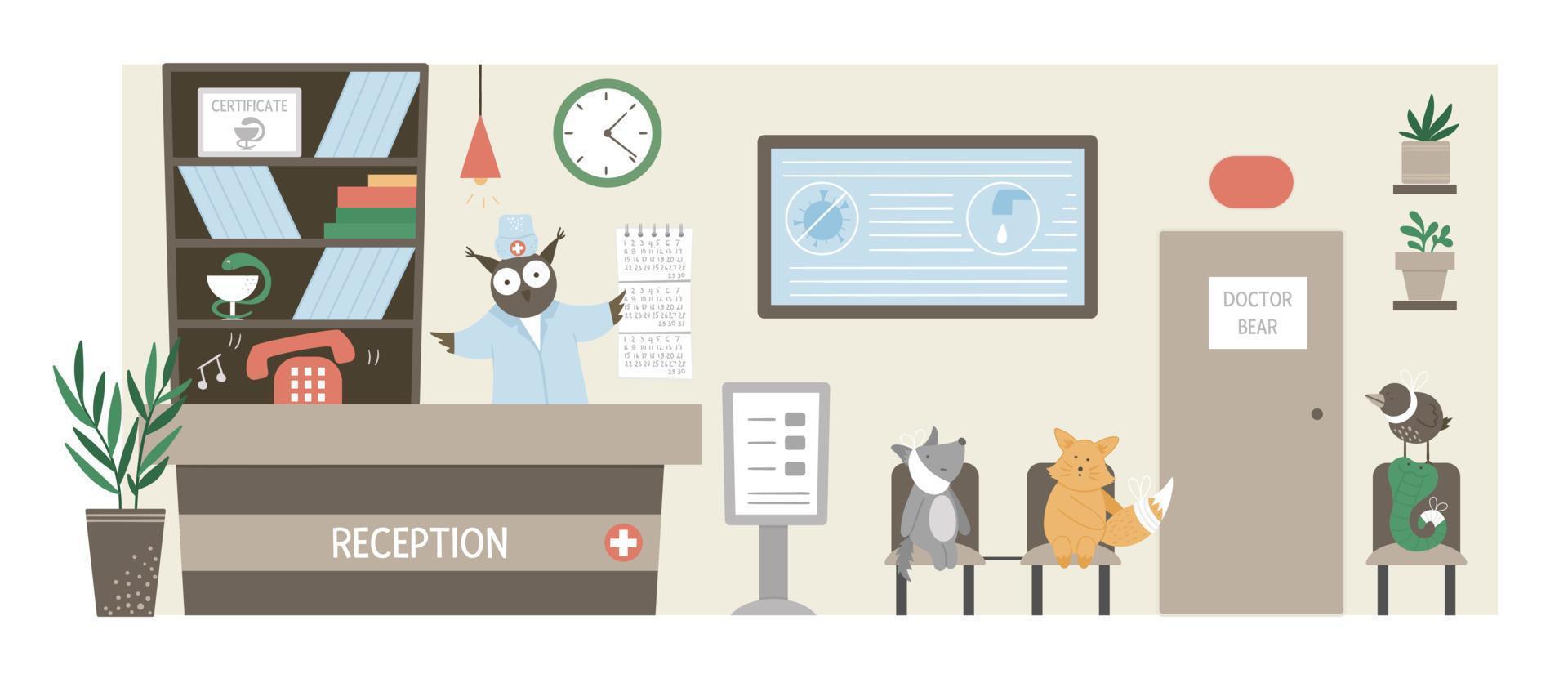 Vector hospital reception. Funny animals waiting for the doctor in clinic corridor. Medical interior flat illustration for kids. Health care concept