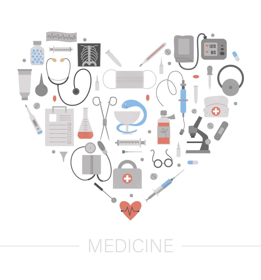 Vector frame with medical equipment and tools. Medicine elements banner design framed in heart shape. Cute funny health care, check or research card template.