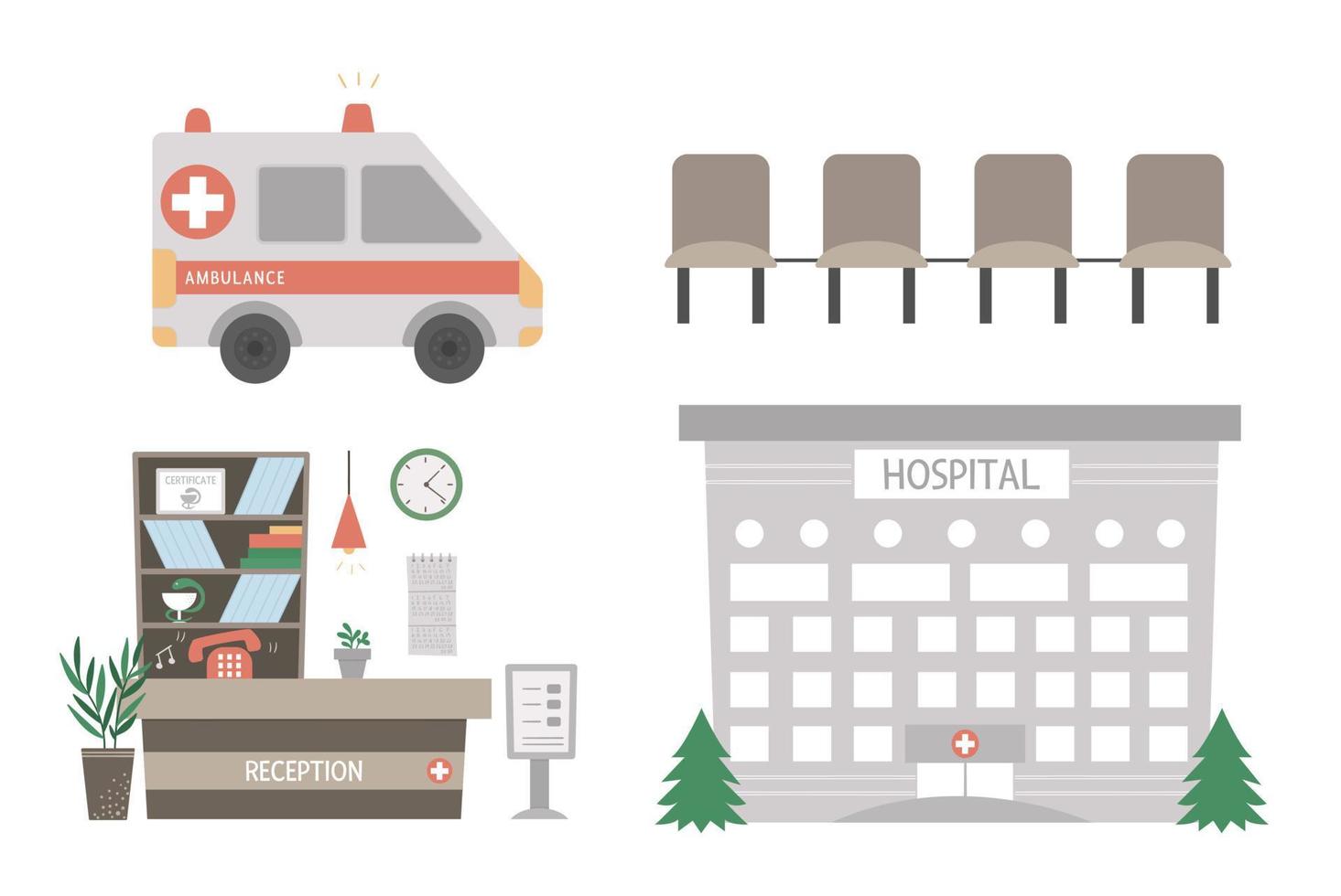 conjunto médico vectorial. lindo edificio de hospital divertido, coche de ambulancia, sala de recepción aislado sobre fondo blanco. ilustración clínica plana. concepto de atención médica. vector