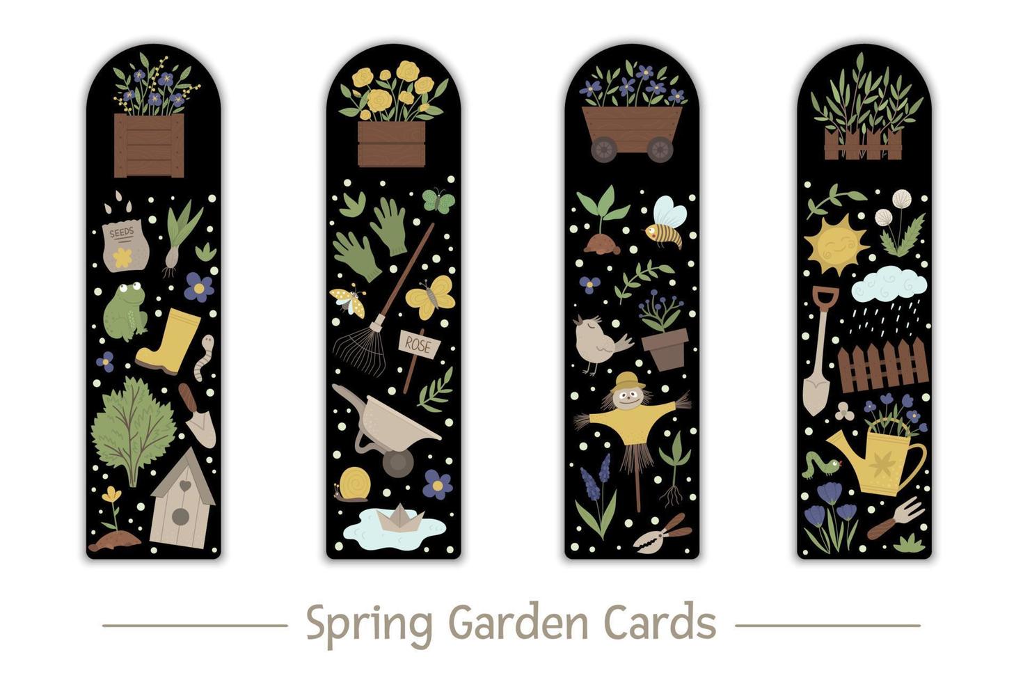 conjunto vectorial de marcadores de jardín para niños. Lindas herramientas de jardinería, flores, plantas sobre fondo negro. plantillas de tarjeta de diseño vertical de primavera. papelería para niños. vector