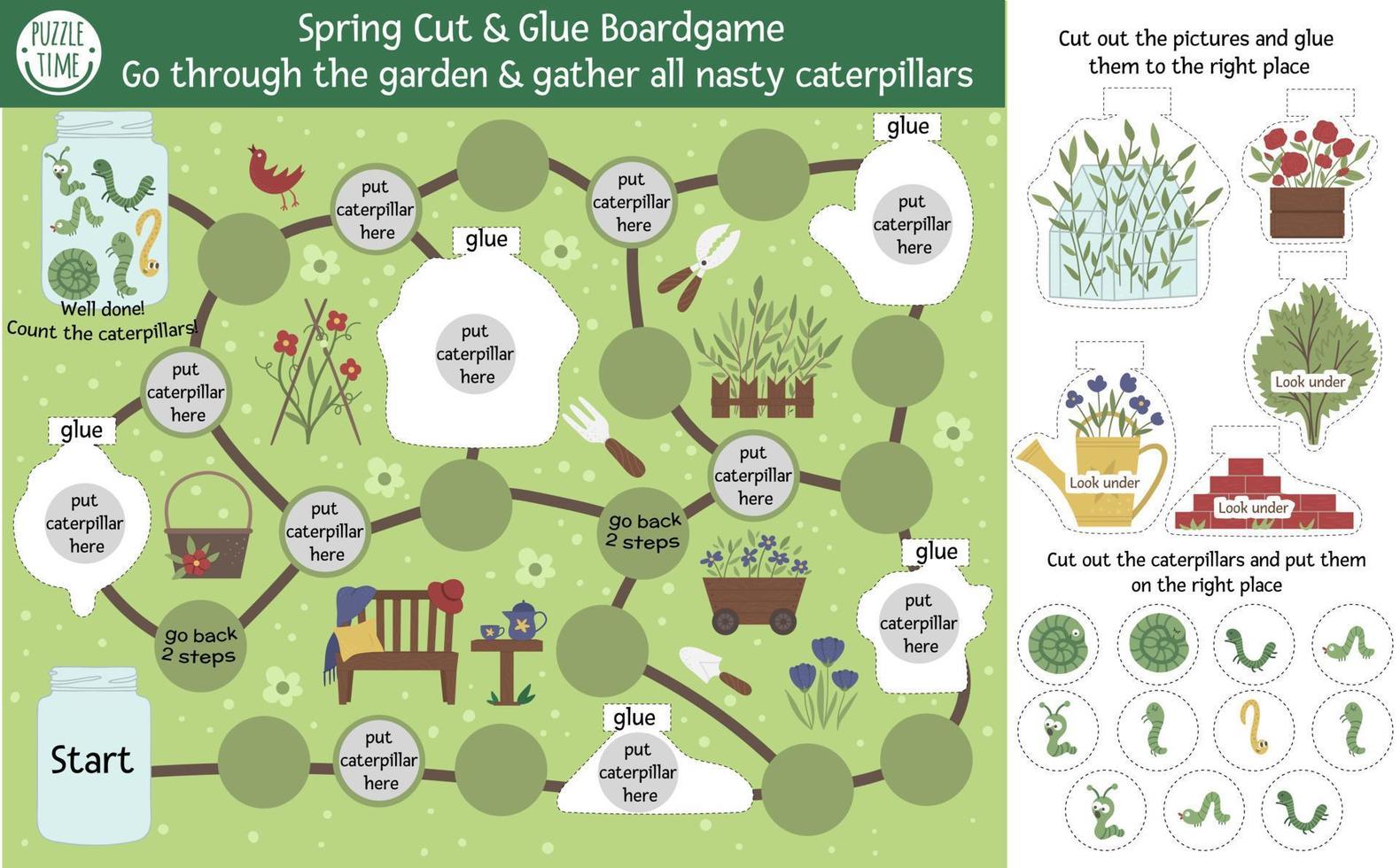 Garden adventure cut and glue board game for children with cute characters. Educational spring boardgame activity. Go through the garden and gather all the nasty caterpillars vector