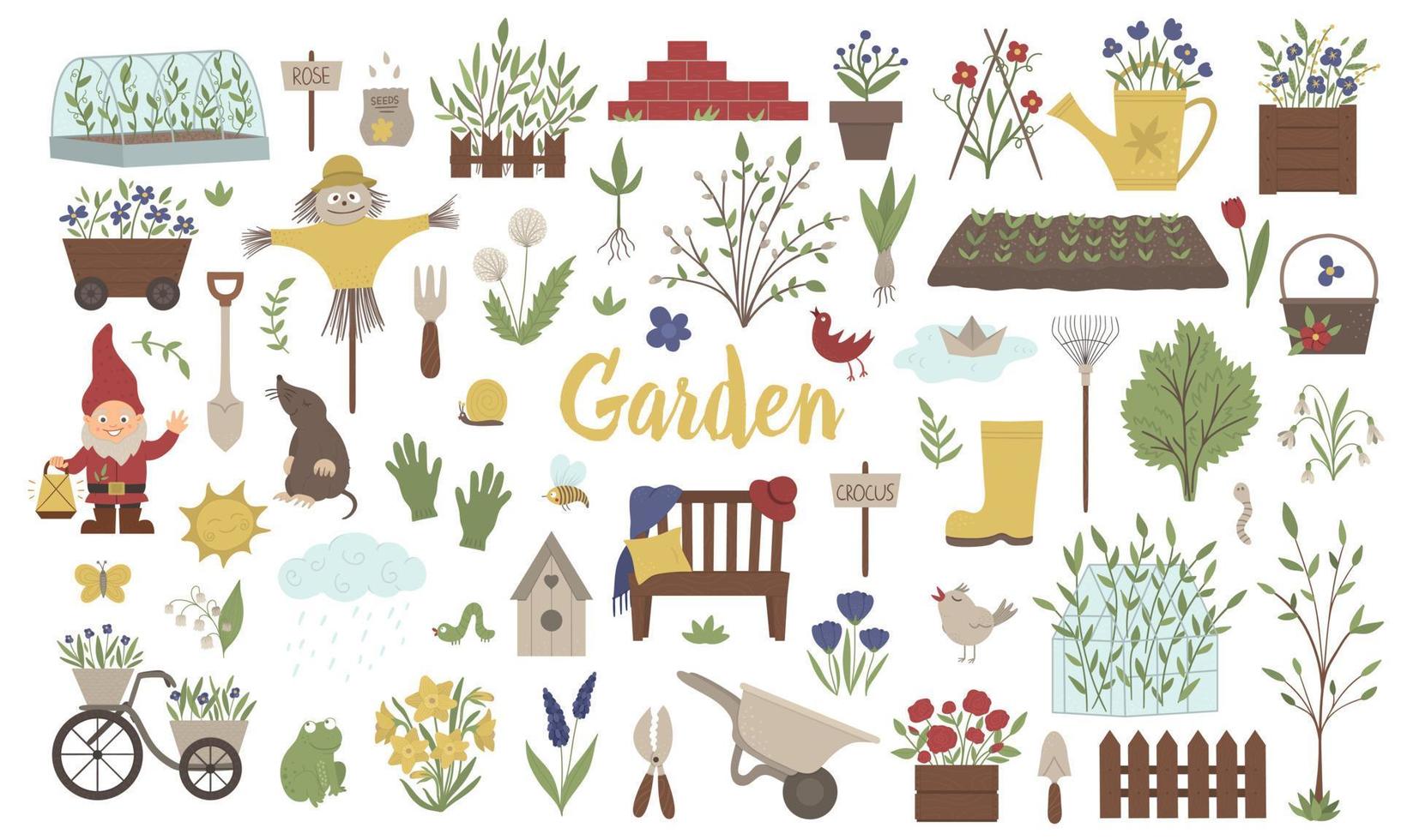 Vector big set of colored garden things, tools, flowers, herbs, plants. Collection of gardening equipment. Flat spring illustration isolated on white background.