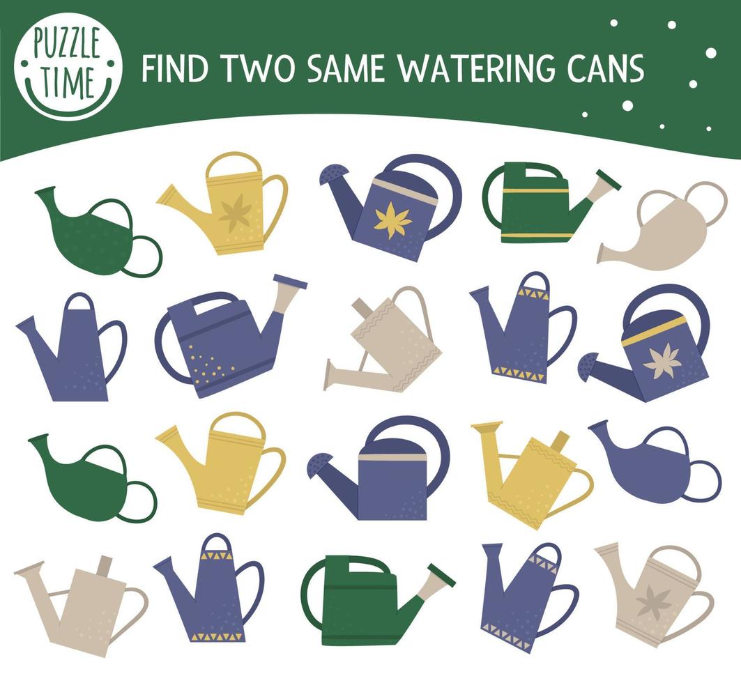 Find two same watering cans. Garden or farm themed matching activity for preschool children with cute pots. Funny spring game for kids. Logical quiz worksheet. vector