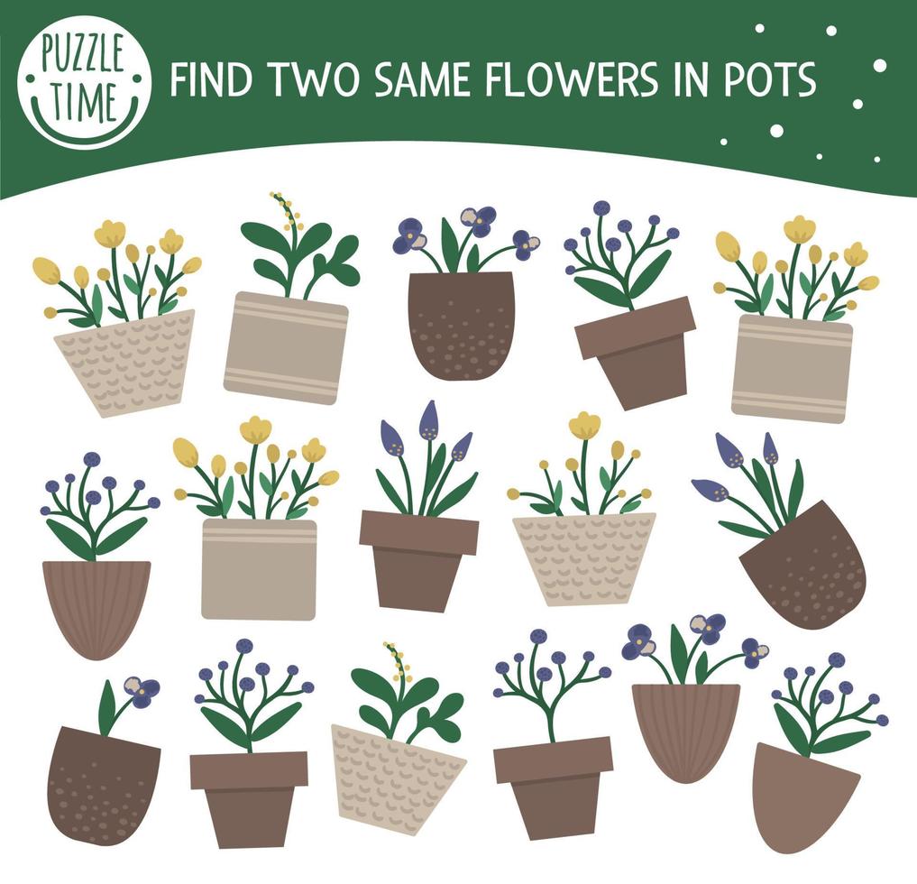 Find two same houseplants. Garden themed matching activity for preschool children with cute home plants in pots. Funny spring game for kids. Logical quiz worksheet. vector