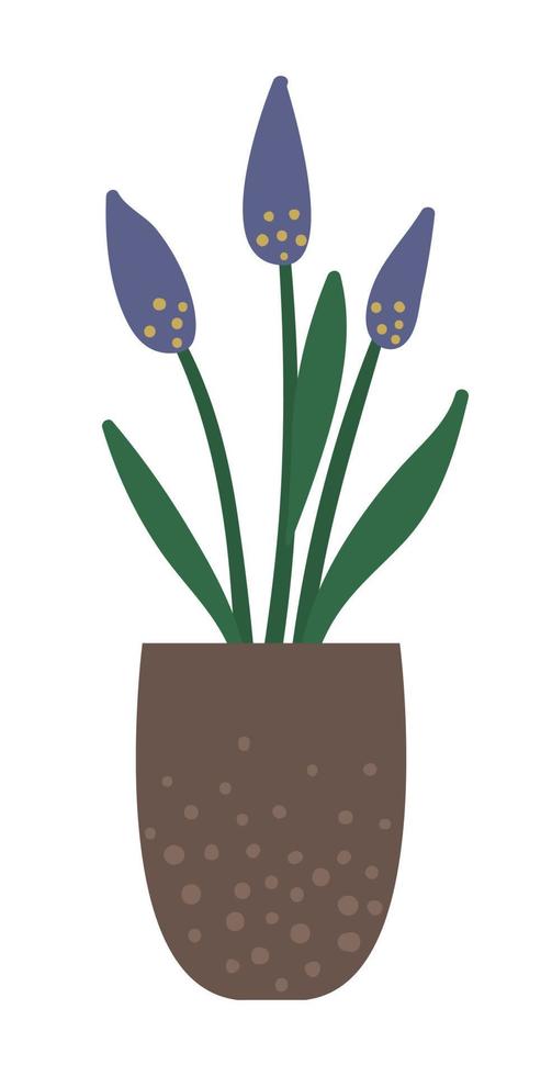 Vector illustration of plant in pot with green leaves and purple flowers. Flat trendy hand drawn houseplant for home gardening design. Beautiful spring and summer herb