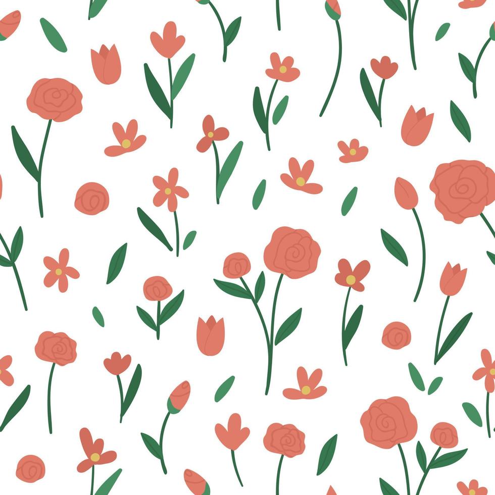 Vector seamless pattern with rose flower elements. Garden repeating background with decorative plants. Texture with spring and summer herbs and flowers.