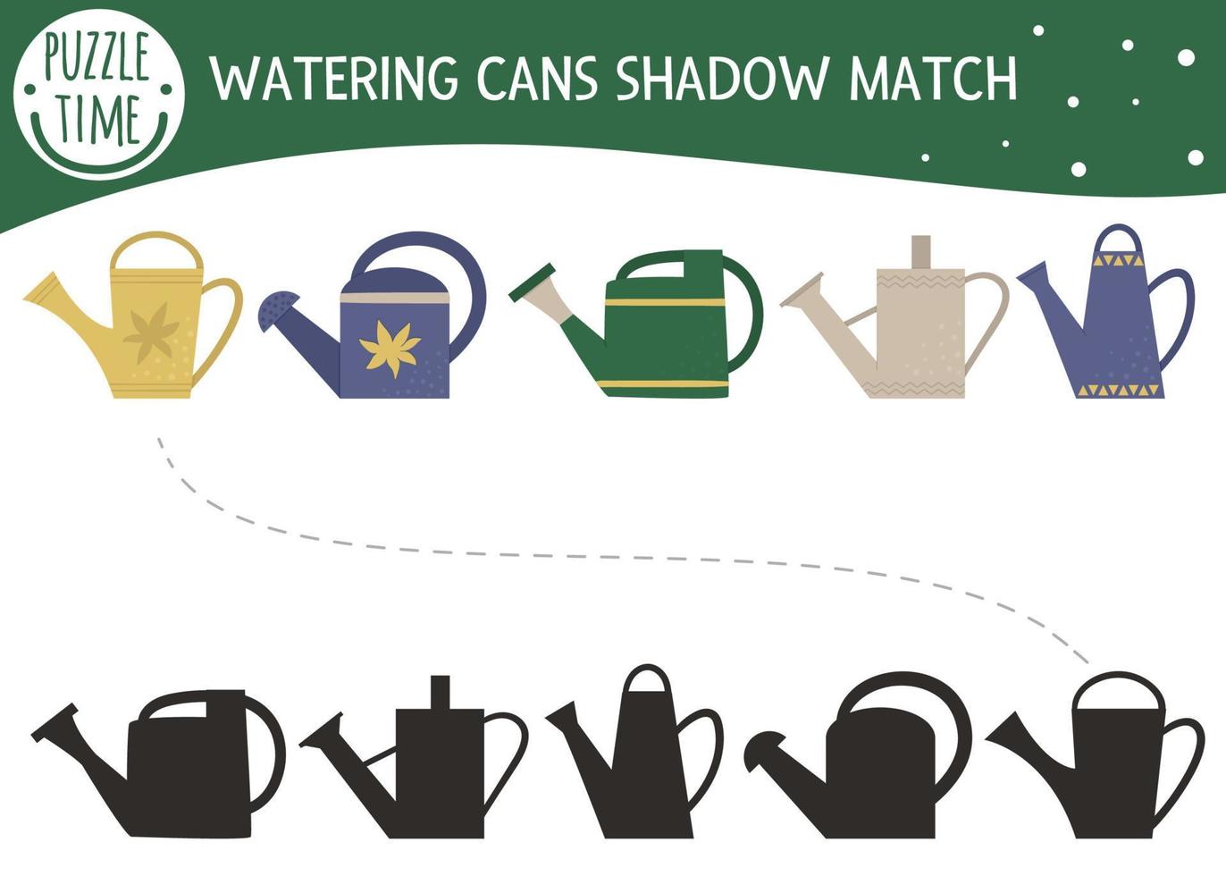 Shadow matching activity for children with watering cans. Preschool puzzle with garden tools. Cute spring educational riddle. Find the correct silhouette game. vector