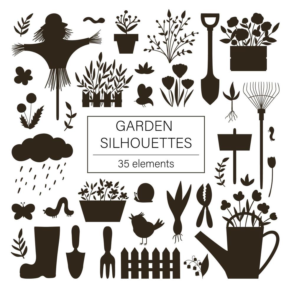 Vector big set of garden tools, flowers, herbs, plants silhouettes. Collection of black and white gardening equipment. Flat spring illustration isolated on white background.