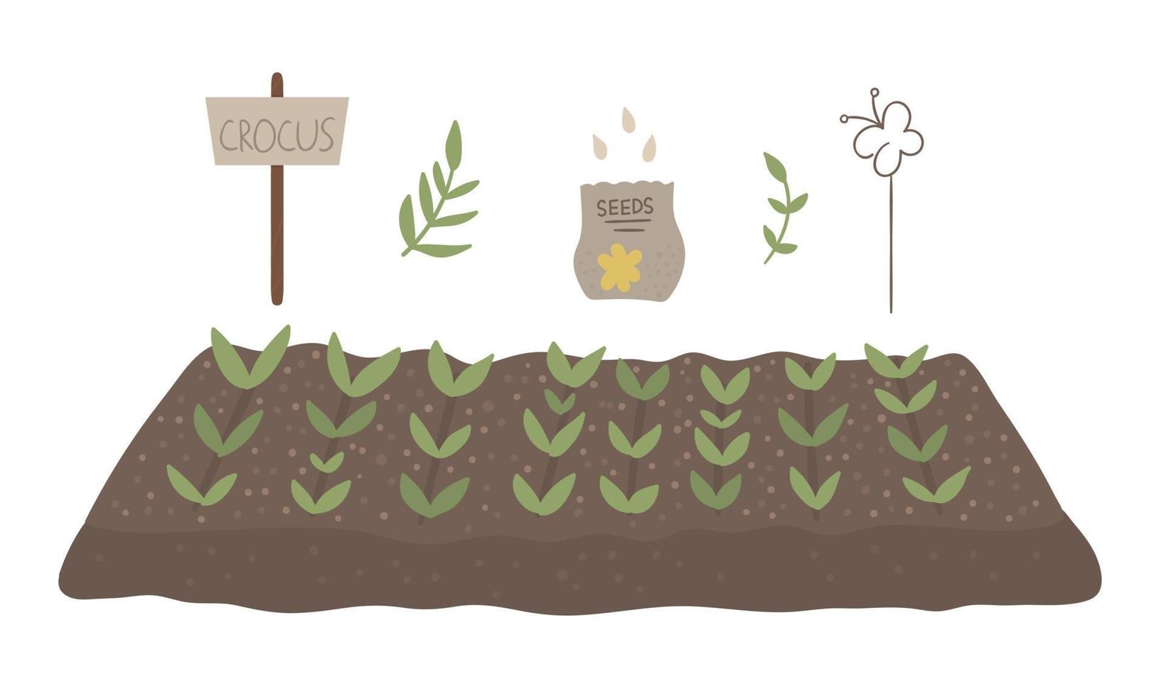 cama vectorial con plantas germinadas, paquete con semillas, mesa de letreros aislada en fondo blanco. ilustración de jardín de primavera plana. icono de jardineria vector