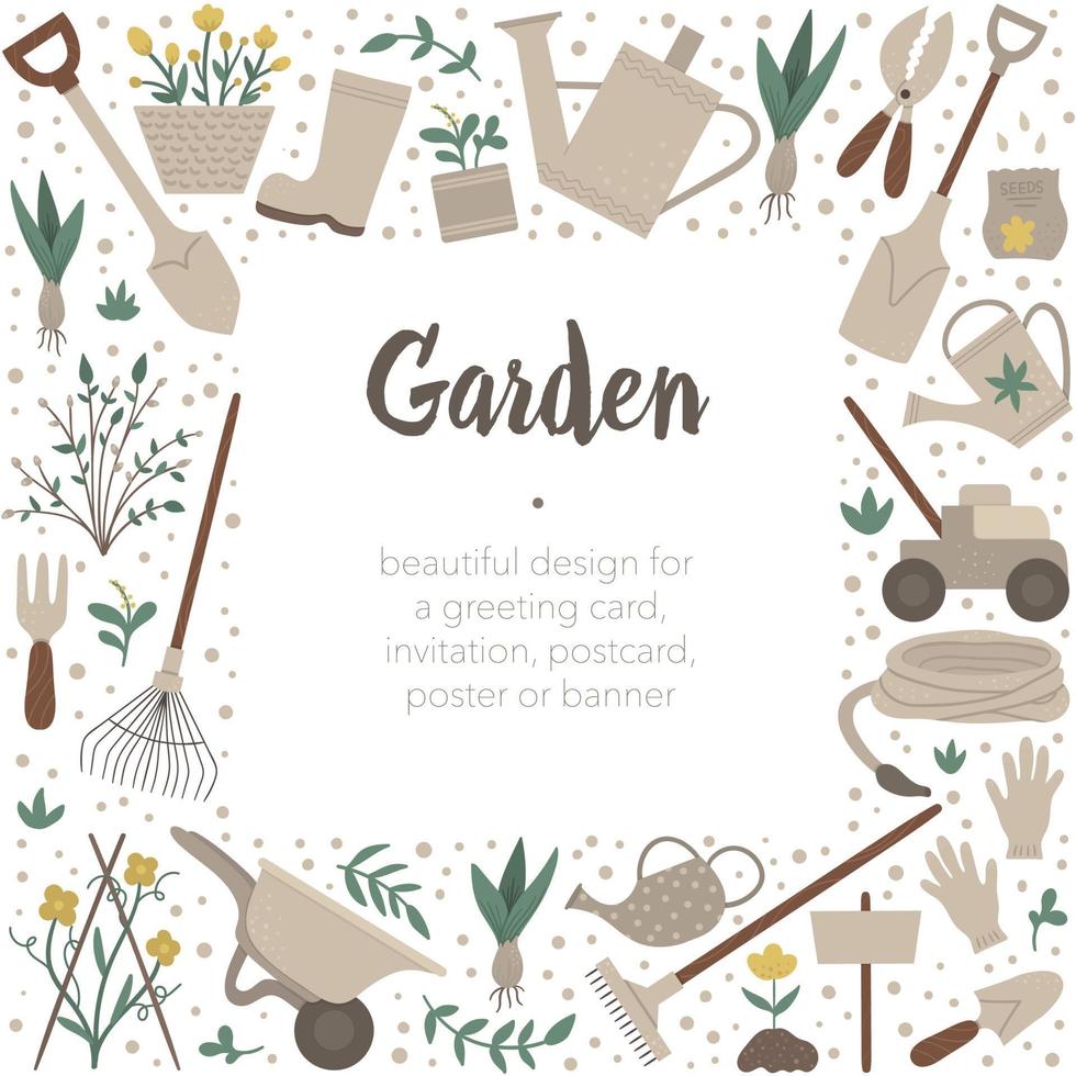 marco cuadrado vectorial con herramientas de jardín, flores, hierbas, plantas. banner de equipo de jardinería o invitación a una fiesta. Linda plantilla de tarjeta de primavera divertida. vector