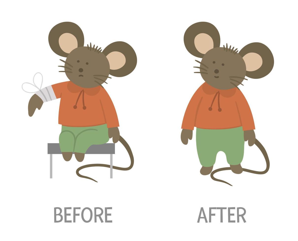 Vector ill animal versus healthy. Cute mouse with bandage on its arm. Funny patient characters. Medical illustration for children. Before and after illness picture. Recovery concept