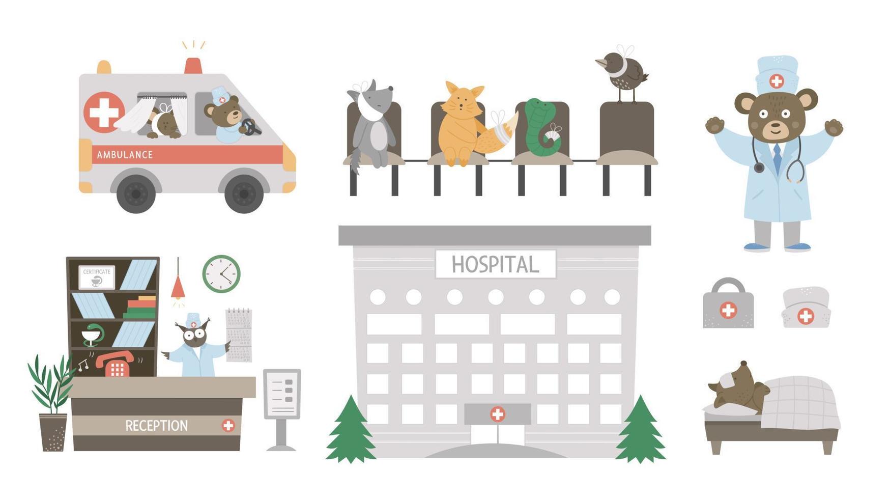 Vector medical set with animals. Cute funny hospital building, ambulance car, reception hall, doctor, patients isolated on white. Health care concept for children.