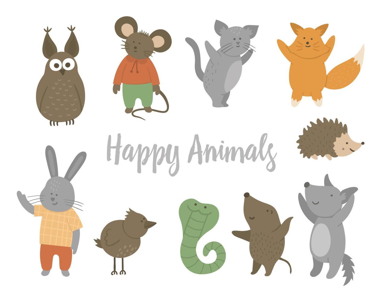 Set of vector happy animals. Cute funny characters isolated on white background. Flat design for kids.