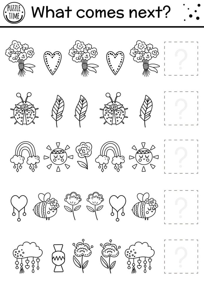 que viene despues. actividad de combinación en blanco y negro del día de la madre para niños en edad preescolar con símbolos y animales tradicionales de vacaciones. página de coloreado de línea educativa divertida. continuar el juego de la fila. vector