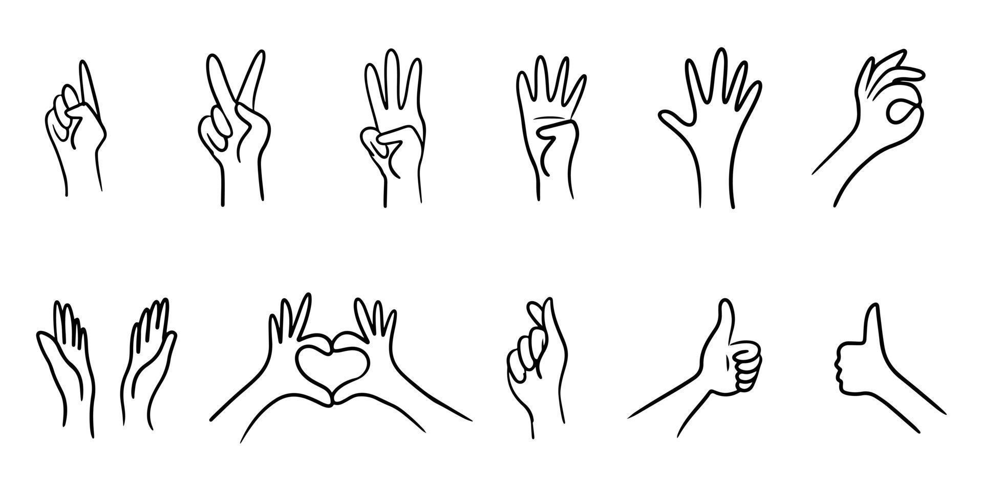 conjunto de gestos de mano dibujados a mano. estilo de boceto dibujado a mano de aplausos, gesto de pulgar hacia arriba. manos humanas aplaudiendo ovación. en estilo garabato, ilustración vectorial. vector