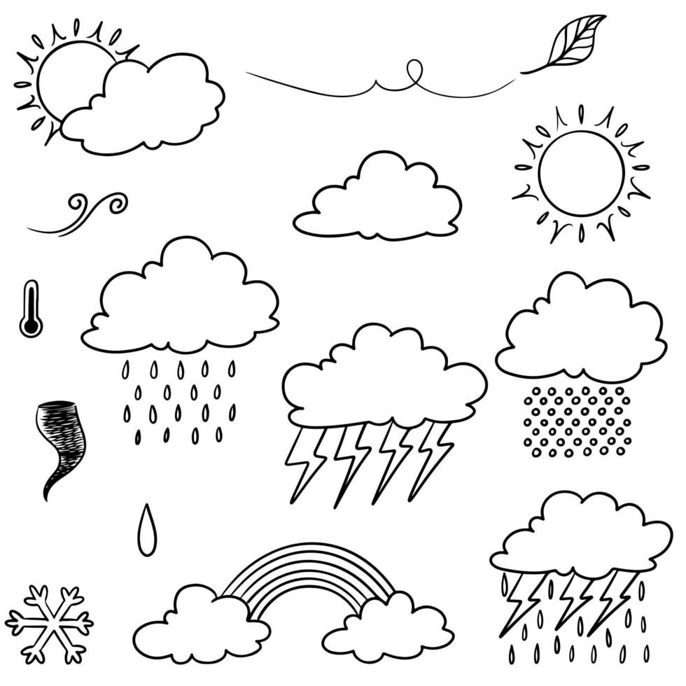 Collection of hand drawn doodle weather icons isolated on white background. vector