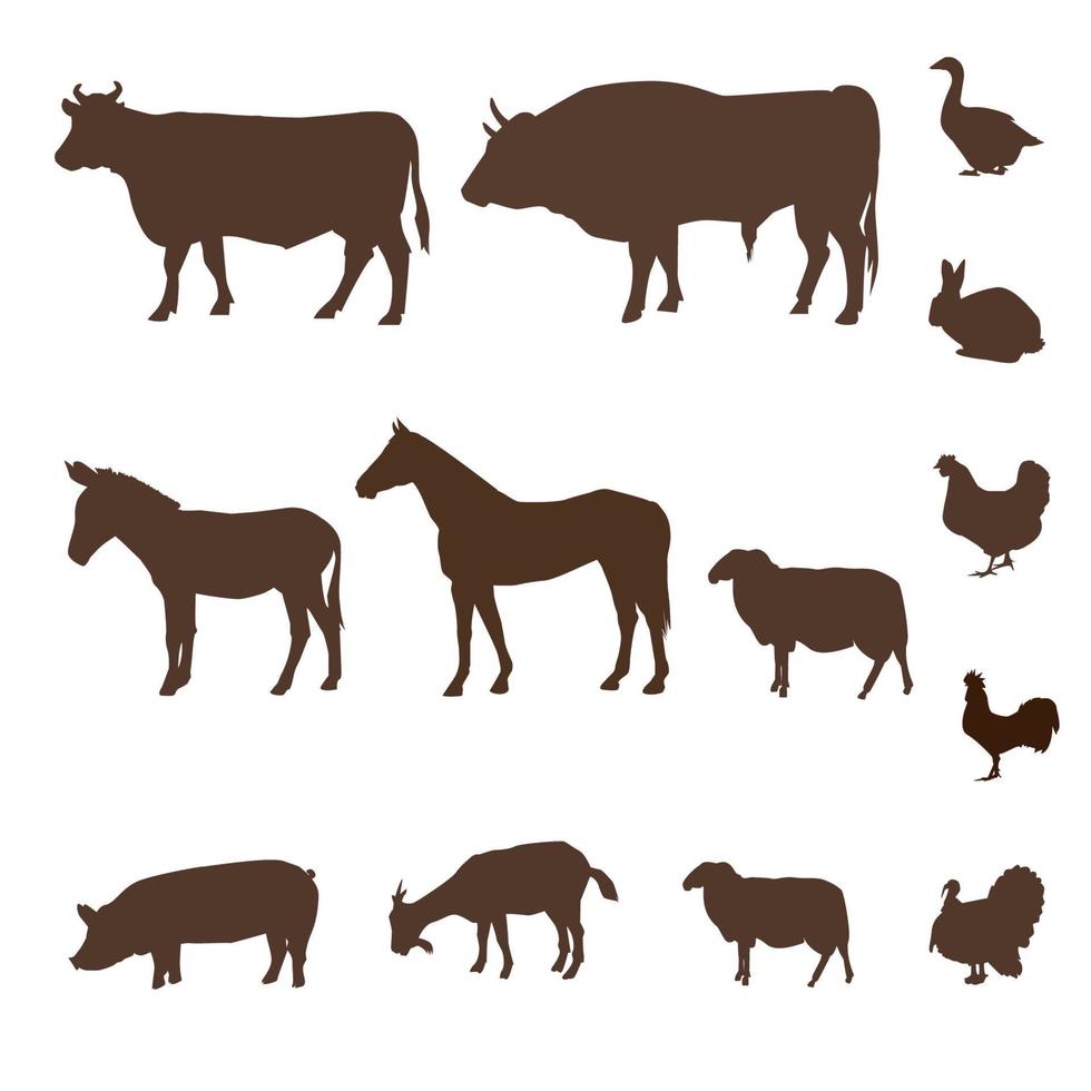 conjunto de siluetas de animales de granja vector