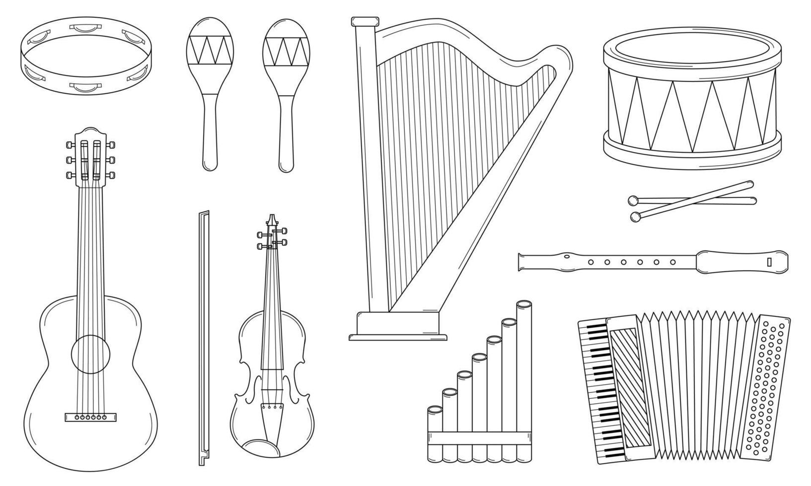 conjunto dibujado a mano de instrumentos musicales. instrumentos de cuerda, viento y percusión. dibujo de garabato. ilustración vectorial vector