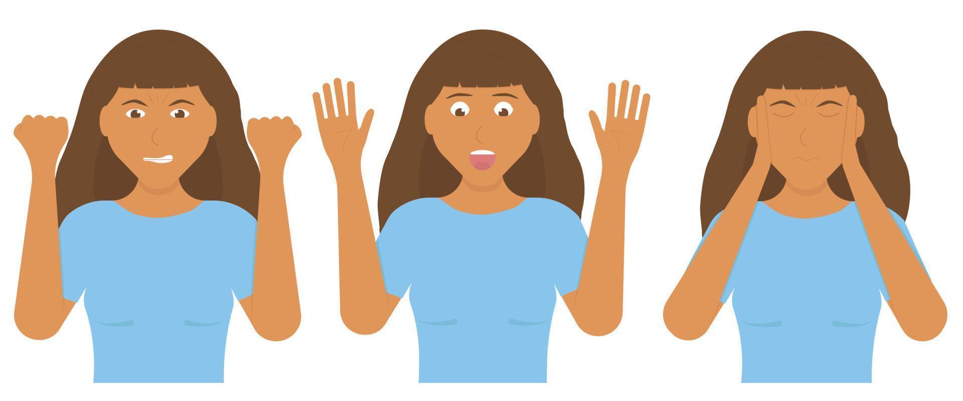 Set of illustrations depicting women expressing different emotions. Surprise, anger, depression. Cartoon. Vector illustration