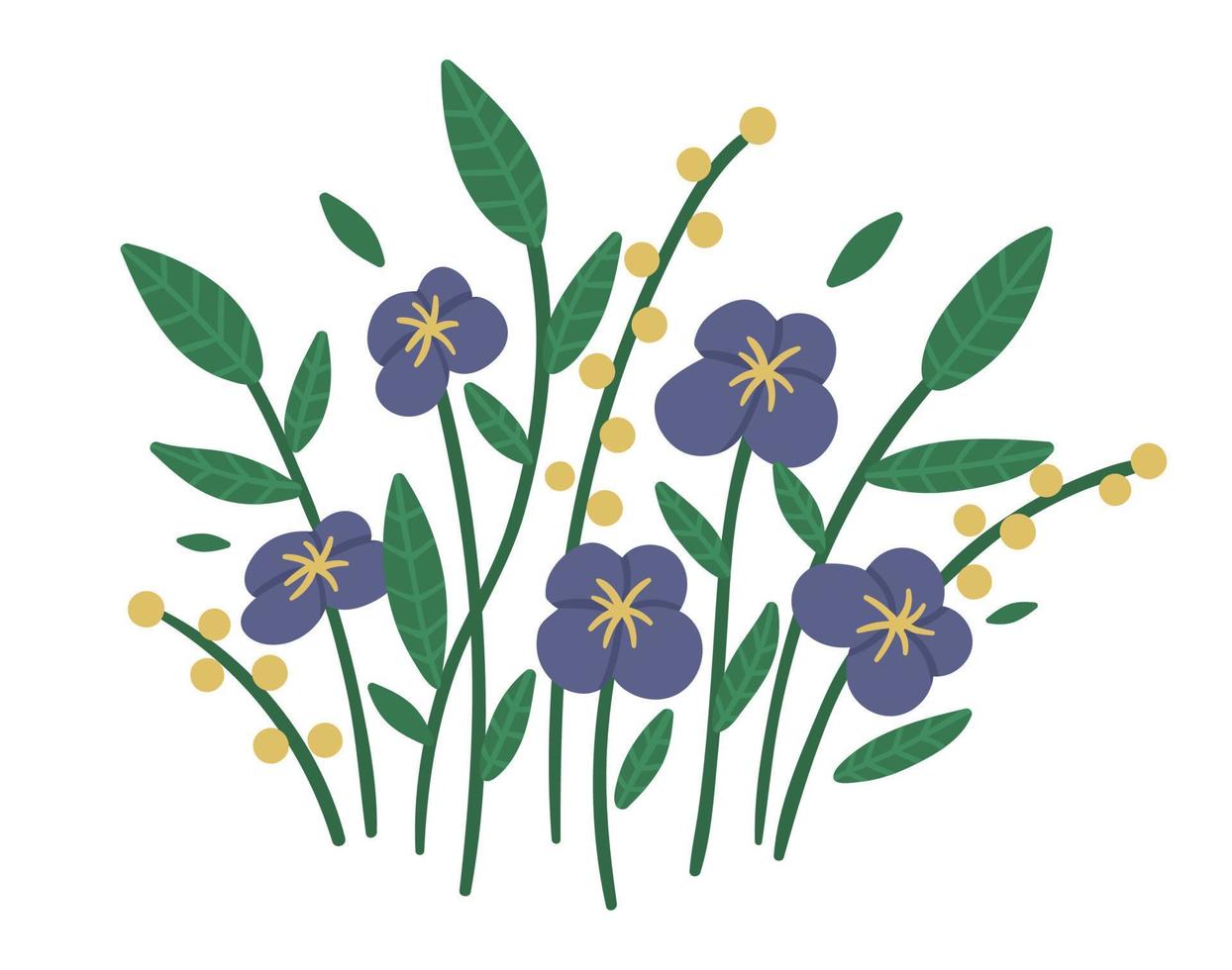Vector illustration of purple flower arrangements. Garden decorative plants bouquet. Collection of beautiful spring and summer herbs and flowers.