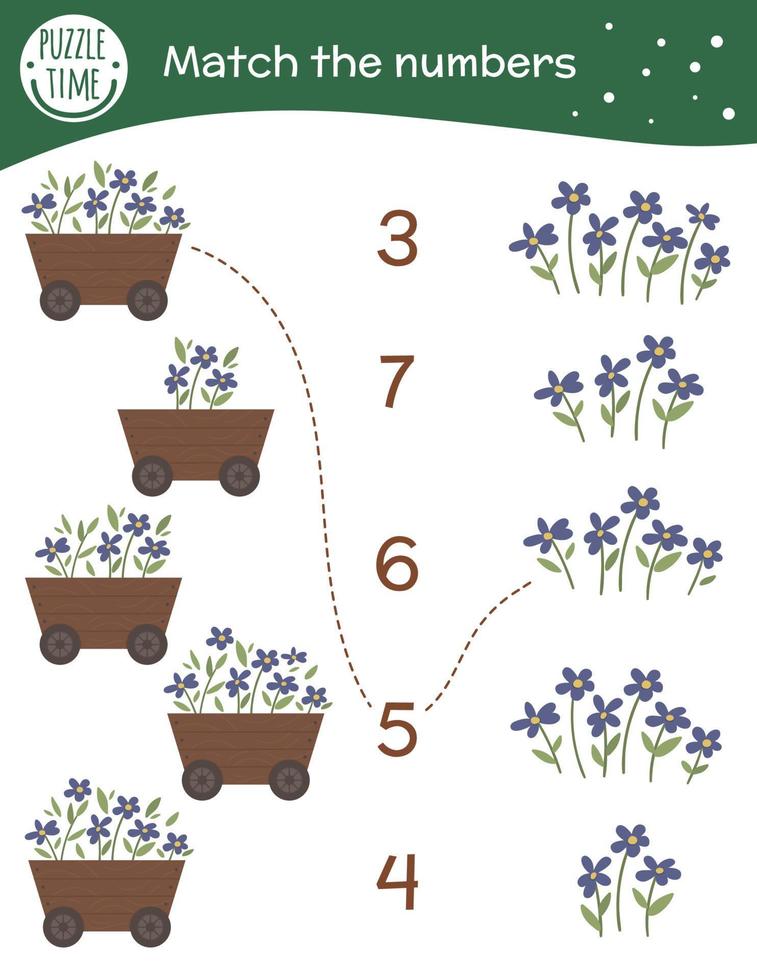 juego de combinación con macizo de flores y flores. actividad de matemáticas de jardín para niños en edad preescolar. hoja de cálculo de conteo de primavera. acertijo educativo con lindos elementos divertidos. vector