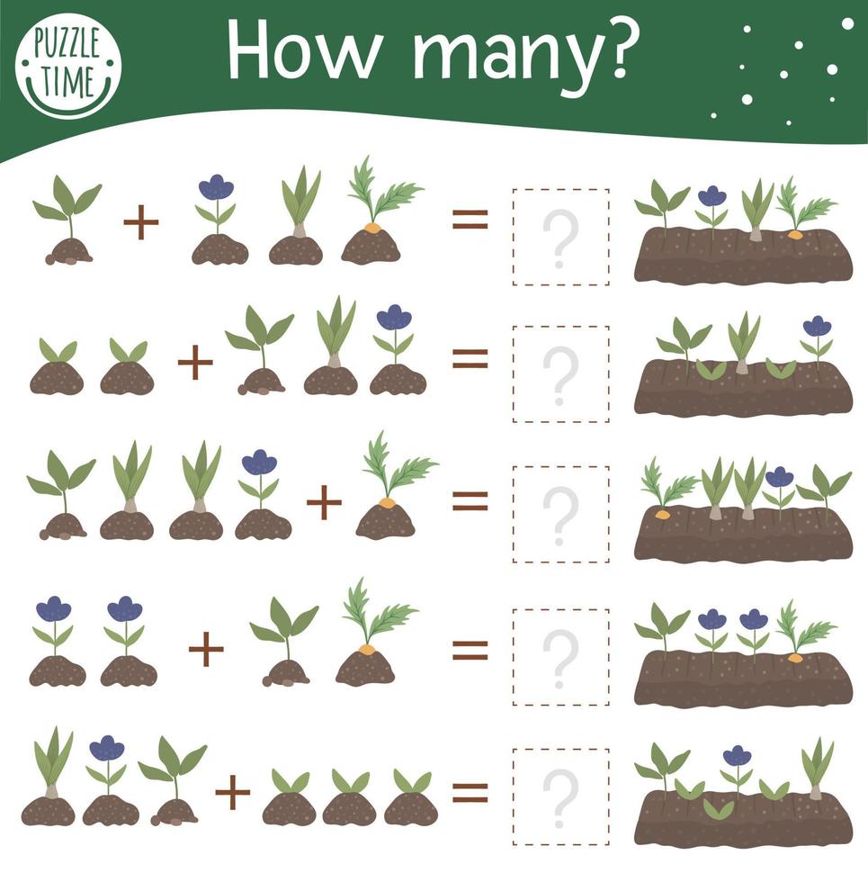 Math game with plants in a bed. Spring mathematic activity for preschool children. Garden counting worksheet. Educational addition riddle with cute funny elements. vector