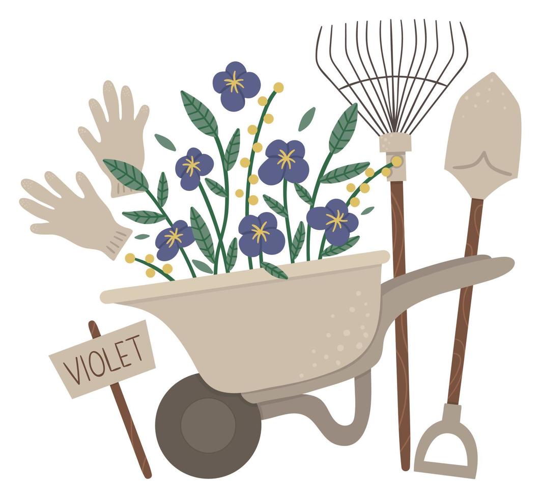 ilustración vectorial de una colorida carretilla de jardín con flores violetas, rastrillos, pala, guantes. imagen de primavera o verano de estilo de dibujos animados aislada sobre fondo blanco. concepto temático de jardinería. vector