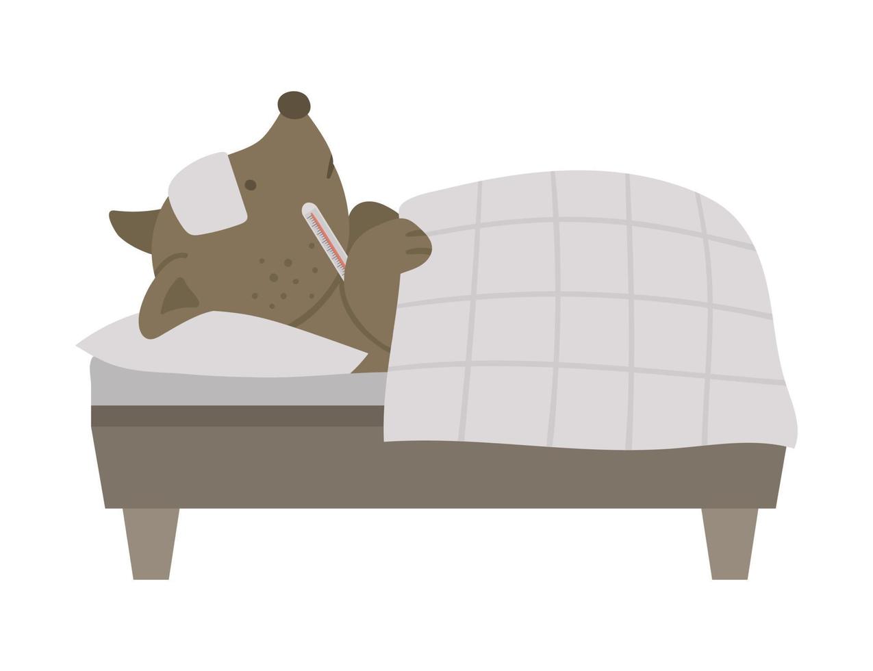 Vector ill animal in bed. Cute dog with thermometer having fever. Funny hospital patient character. Medical illustration for children.