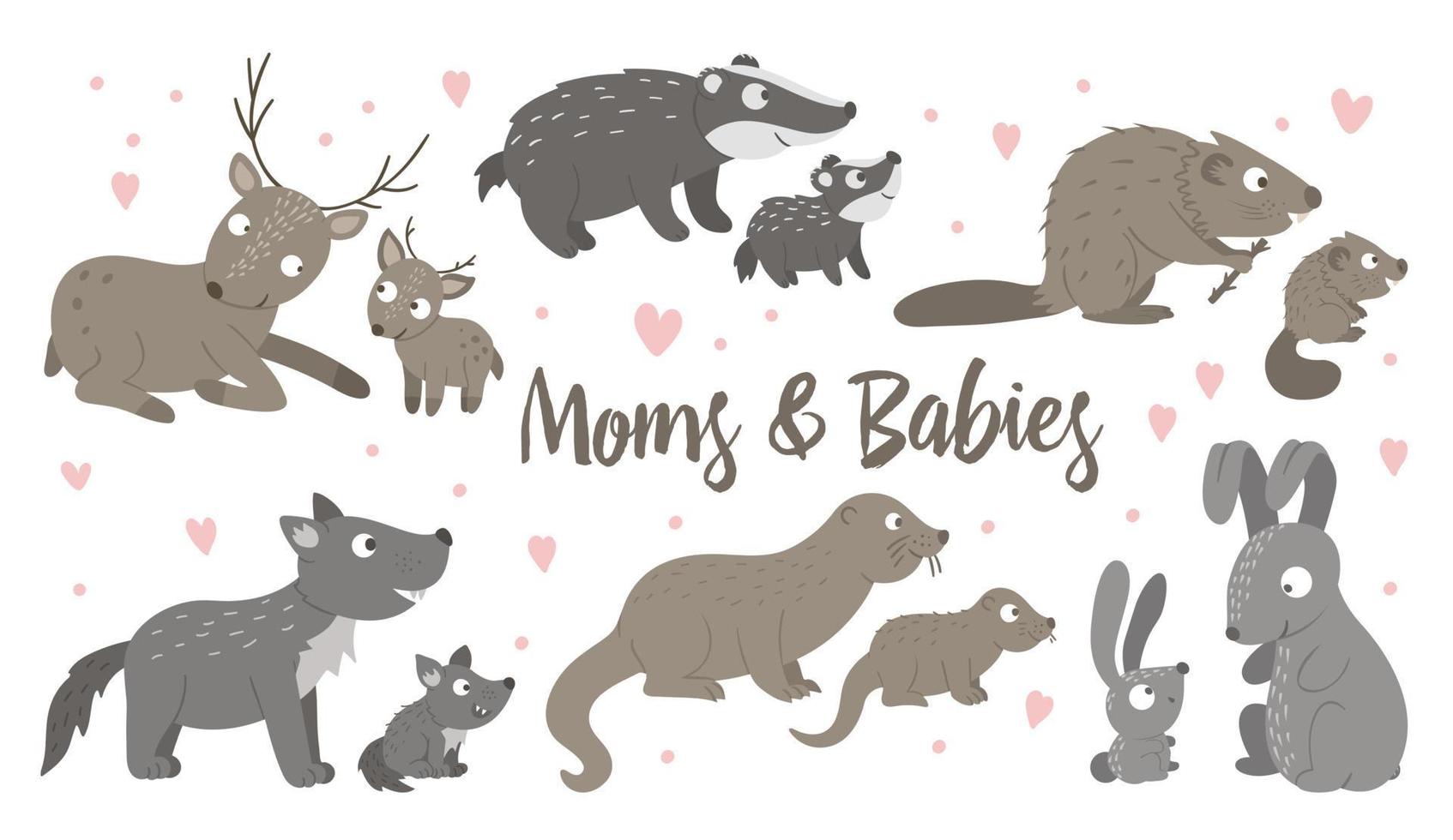 Vector set of hand drawn flat baby animals with parents. Funny woodland animal scene showing family love. Cute forest animalistic illustration for Mothers Day design