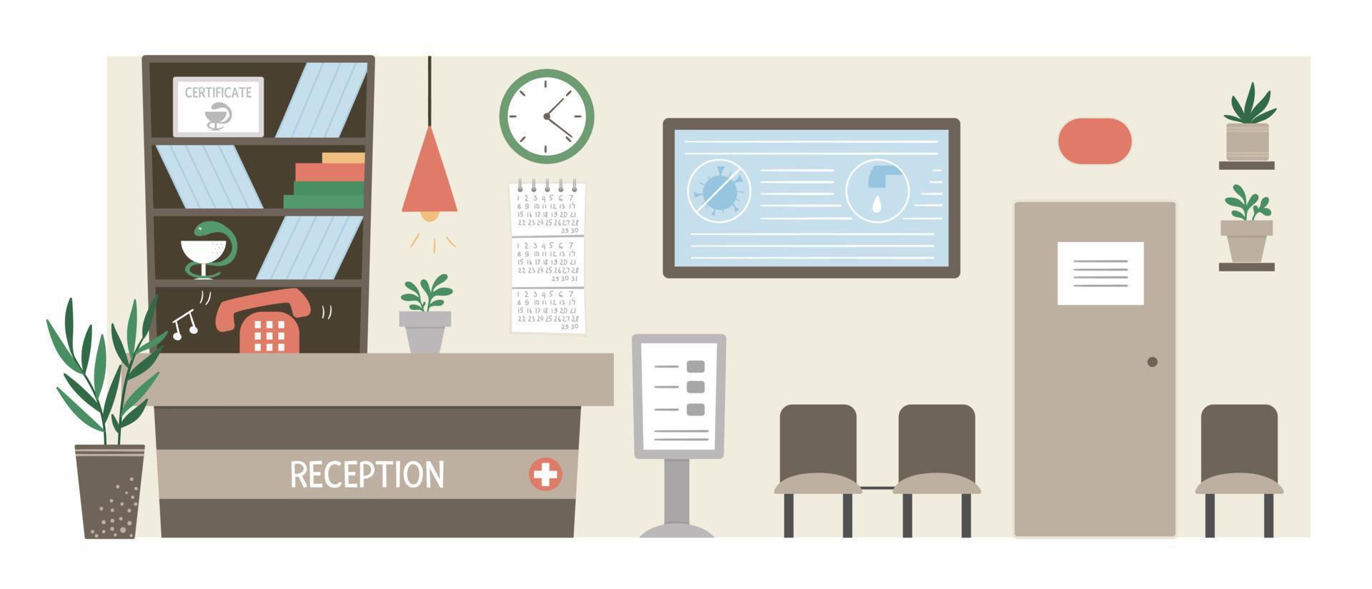 Vector hospital reception. Empty clinic corridor with doctor office, chairs, counter. Medical interior flat illustration. Health care concept