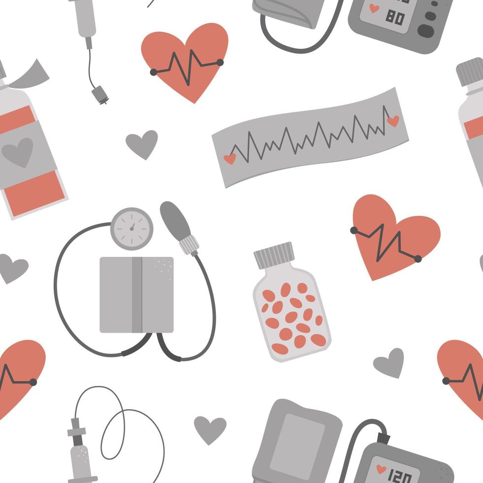 Vector seamless pattern with flat medical icons. Medicine heart health background. Cardio healthcare equipment digital paper. Health check or treatment texture
