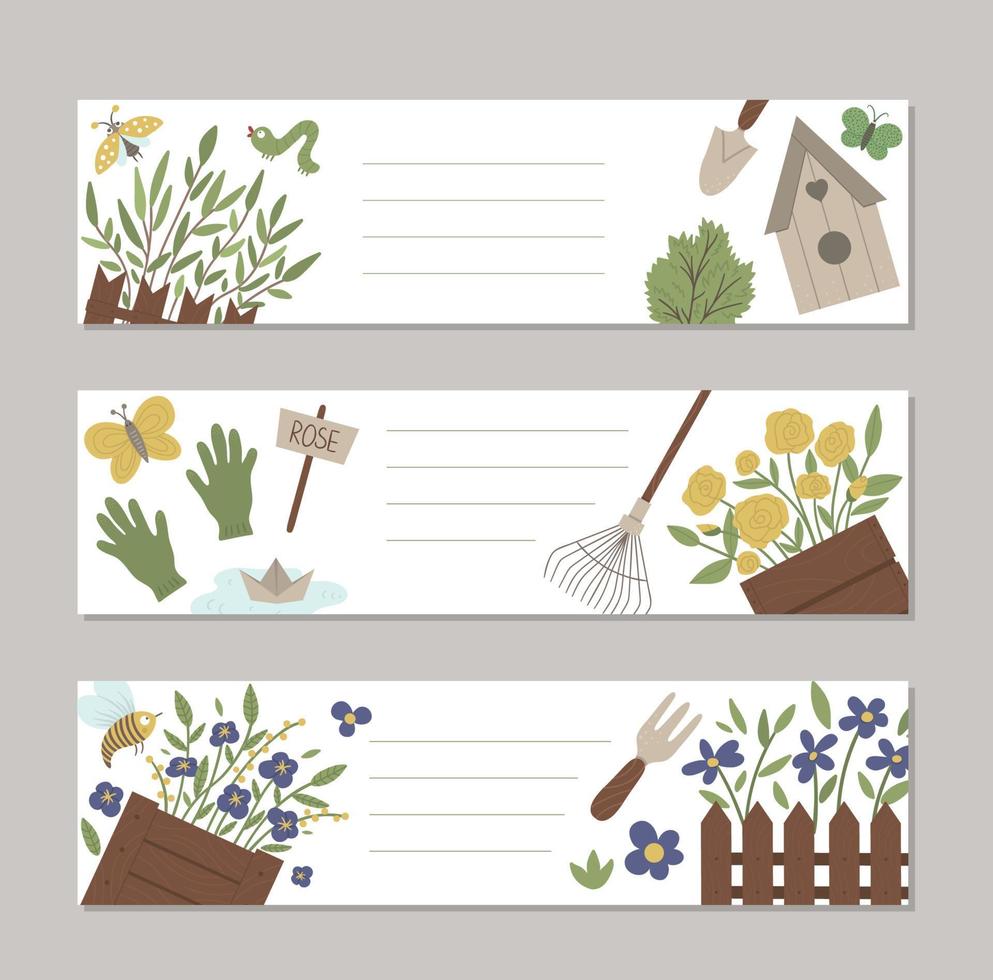 Set of vector spring garden horizontal layout card templates with cute cartoon gardening elements and characters. Funny flat illustration